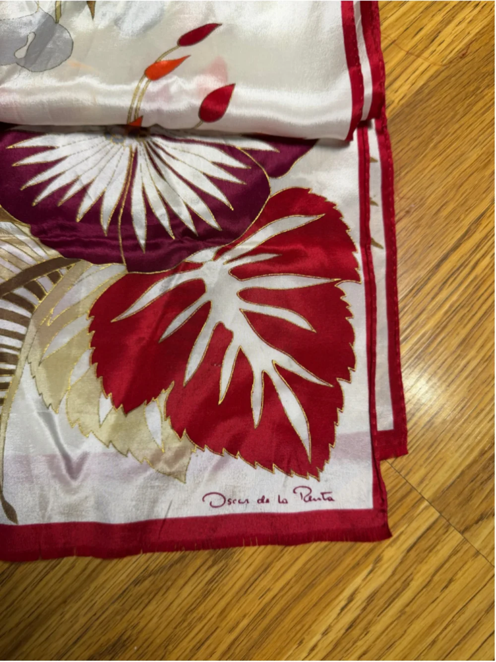 Vintage Oscar de la Renta Silk Scarf White Red Floral
